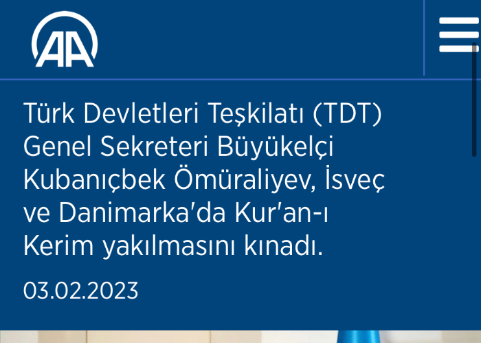 TDT Genel Sekreteri AA'ya verdiği röportajda İsveç ve Danimarka'da Kur'an-ı Kerim yakılmasına ilişkin bir soruyu yanıtladı.
